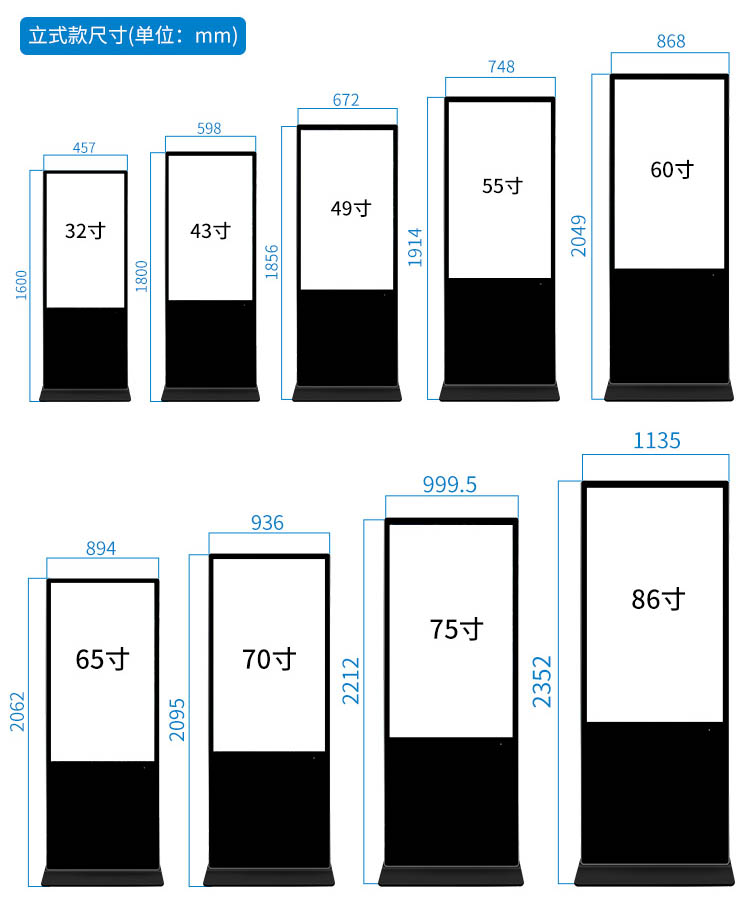 立式廣告機(jī)尺寸對(duì)照表